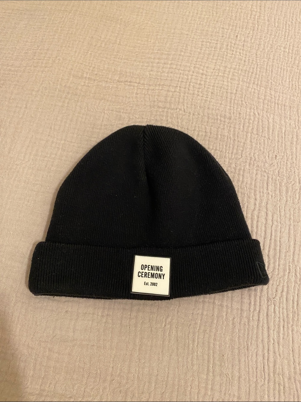 Opening Ceremony Black Cuffed Knit Beanie with Front Logo Patch